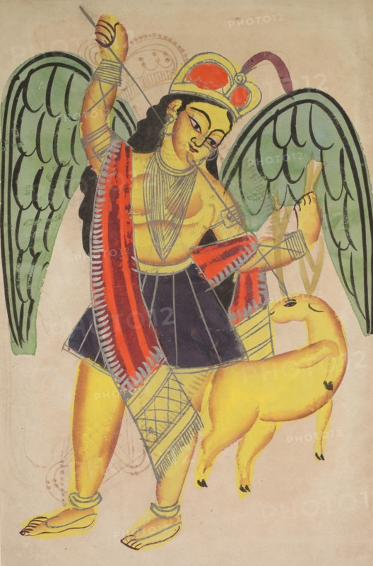 Diana or Artemis, Goddess of the Hunt, 1800s. India, Calcutta, Kalighat painting, 19th century. Black ink, watercolor, and tin paint, with graphite underdrawing on paper; secondary support: 48.4 x 27.6 cm (19 1/16 x 10 7/8 in.); painting only: 45.4 x 27.8 cm (17 7/8 x 10 15/16 in.).