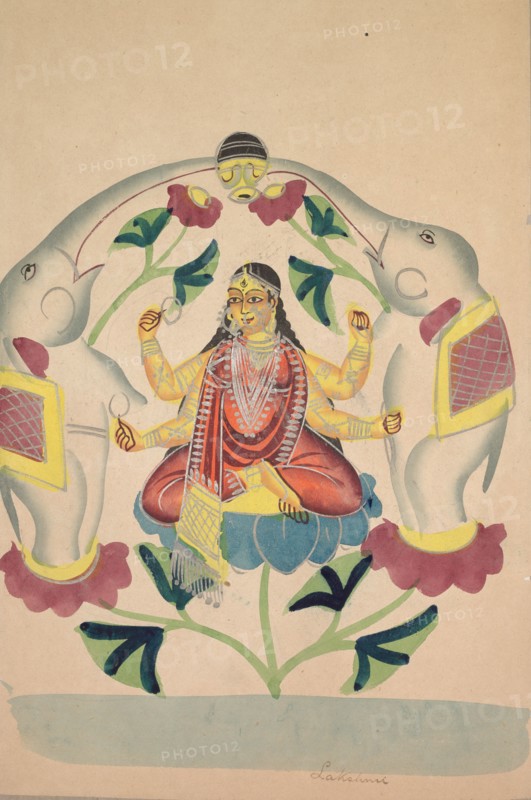 Gajalakshmi: Lakshmi with Elephants, 1800s. India, Calcutta, Kalighat painting, 19th century. Black ink, watercolor, and tin paint, with graphite underdrawing on paper; secondary support: 60.7 x 42.4 cm (23 7/8 x 16 11/16 in.); painting only: 43 x 27.7 cm (16 15/16 x 10 7/8 in.).