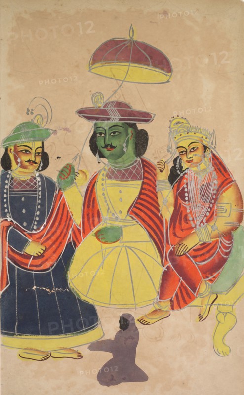 Rama and Sita Enthroned with Lakshmana and Hanuman Attending, 1800s. India, Calcutta, Kalighat painting, 19th century. Black ink, watercolor with graphite underdrawing