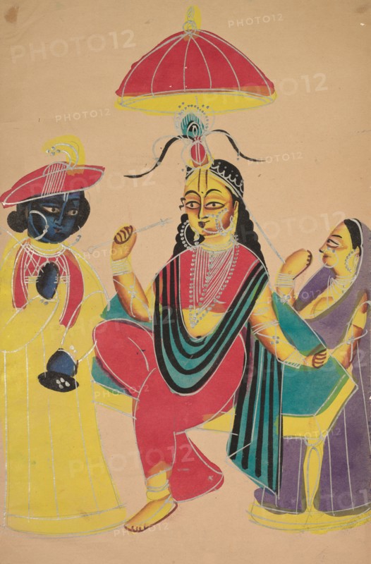 Krishna Standing by Radha who is Seated on a Chair, 1800s. India, Calcutta, Kalighat painting, 19th century. Black ink, color and silver paint, and graphite underdrawing on paper; secondary support: 51.7 x 27.8 cm (20 3/8 x 10 15/16 in.); painting only: 45.4 x 27.7 cm (17 7/8 x 10 7/8 in.).