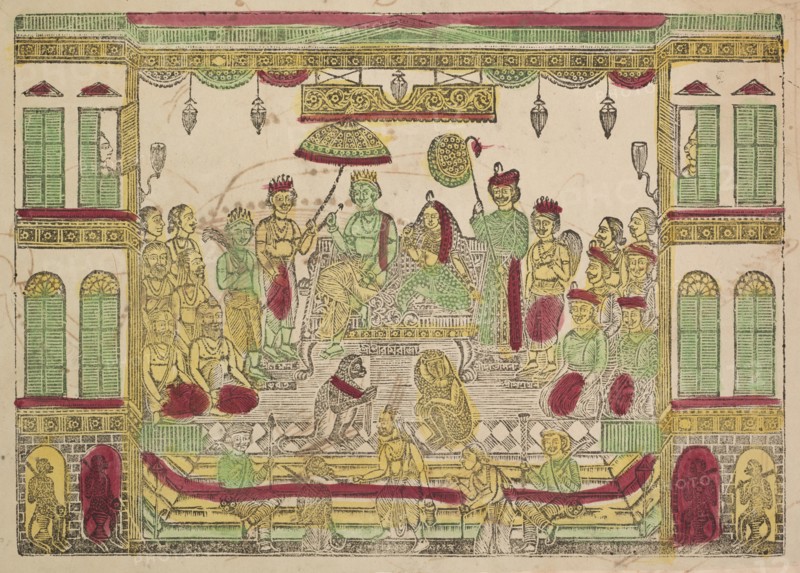 Rama and Sita in Royal Palace, 1800s. Shri Gobinda Chandra Roy. Woodcut with black ink and handcolored with yellow, green and red paint on paper; secondary support: 29.7 x 47.7 cm (11 11/16 x 18 3/4 in.); painting only: 27 x 38.6 cm (10 5/8 x 15 3/16 in.).