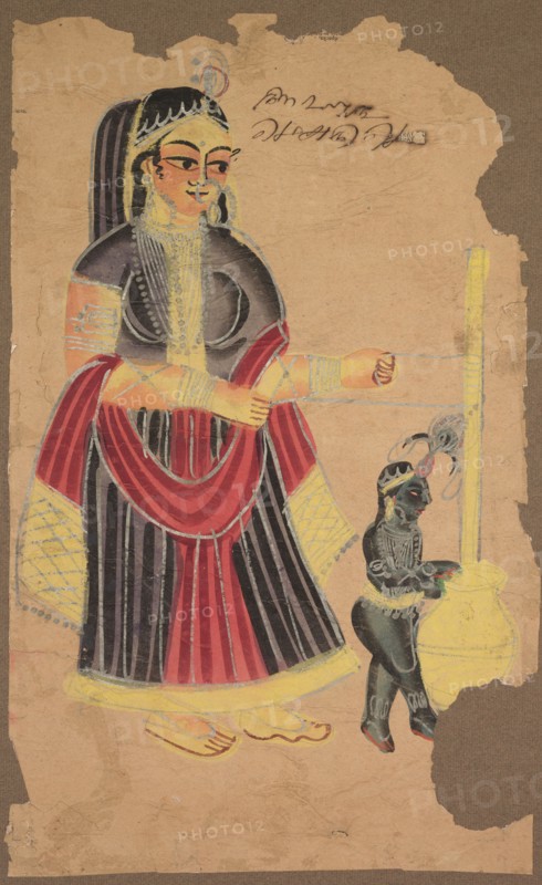 Yasoda and Krishna, 1800s. India, Calcutta, Kalighat painting, 19th century. Black ink, color and silver paint, and graphite underdrawing on paper; secondary support: 48.9 x 33.8 cm (19 1/4 x 13 5/16 in.); painting only: 42 x 26 cm (16 9/16 x 10 1/4 in.).