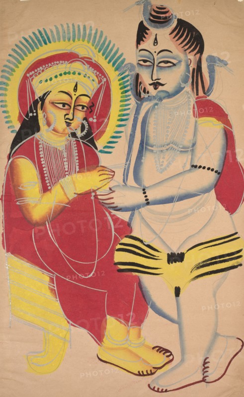 Annapurna and Shiva, 1800s. India, Calcutta, Kalighat painting, 19th century. Black ink, watercolor, and tin paint, with graphite underdrawing on paper; secondary support: 50.3 x 30.7 cm (19 13/16 x 12 1/16 in.); painting only: 45.5 x 27.6 cm (17 15/16 x 10 7/8 in.).
