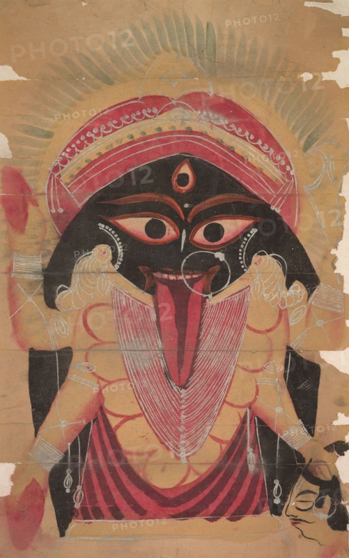 Kali, 1800s. India, Calcutta, Kalighat painting, 19th century. Black ink, color and silver paint, and graphite underdrawing on paper; painting only: 45.4 x 28 cm (17 7/8 x 11 in.).