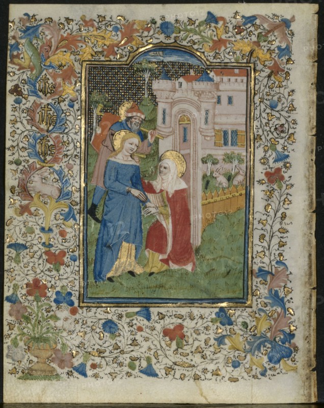 The Visitation: Leaf from a Book of Hours (5 of 6 Excised Leaves), c. 1420. Or workshop Henri d'Orquevaulx (French). Ink, tempera and gold on vellum; each leaf: 16.1 x 12.5 cm (6 5/16 x 4 15/16 in.)