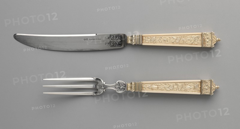Dessert Knife and Fork , c. 1880. Maison Cardeilhac (French). Gilt silver and ivory