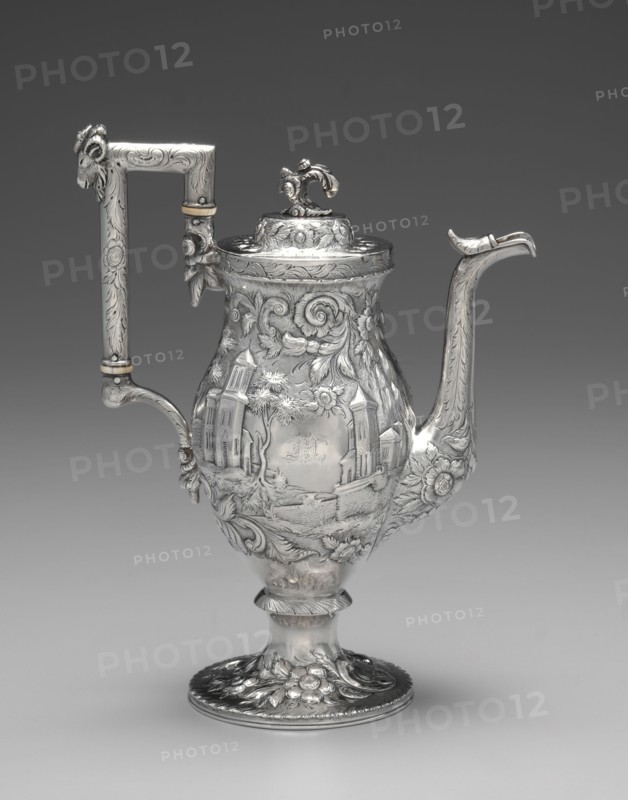 Neo-Rococo Coffee Pot, c. 1840. Samuel Kirk (American, 1793-1872). Silver and ivory; overall: 30.4 x 23.5 x 12 cm (11 15/16 x 9 1/4 x 4 3/4 in.).