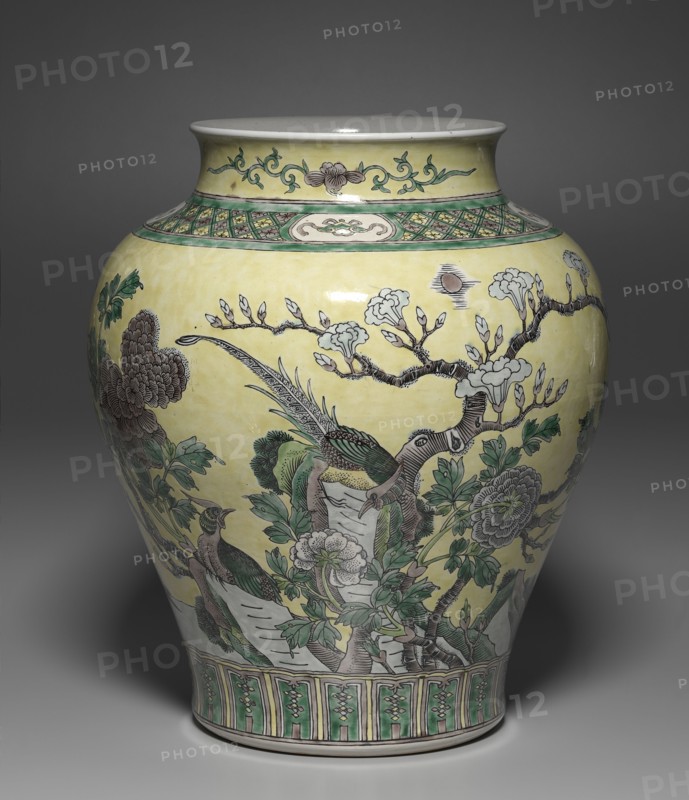 Jar with Flowers, Rocks and Pheasants, 1662-1722. China, Qing dynasty (1644-1912), Kangxi mark and reign (1662-1722). Enameled porcelain, with susancai (plain three-color) decoration; diameter: 35.5 cm (14 in.); diameter of mouth: 21.8 cm (8 9/16 in.); overall: 42.3 cm (16 5/8 in.).