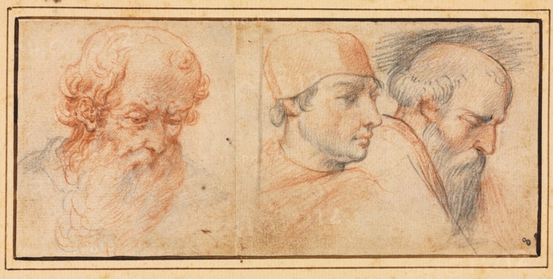 Three Head Studies, 1600s. Italy, 17th century. Red and black chalk; sheet: 8.4 x 18.6 cm (3 5/16 x 7 5/16 in.).