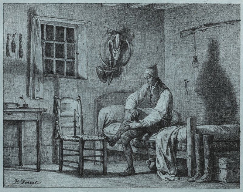 The Man-Servant of Limier Rising from Bed, c. 1818. Horace Vernet (French, 1789-1863). Lithograph in black and grayon blue chine; sheet: 25.4 x 32.4 cm (10 x 12 3/4 in.); image: 15 x 19.4 cm (5 7/8 x 7 5/8 in.); tint: 17.3 x 21.5 cm (6 13/16 x 8 7/16 in.)