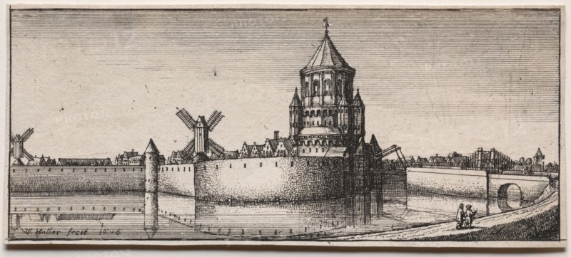 Moated Town Gate, 1676. Wenceslaus Hollar (Bohemian, 1607-1677). Etching; sheet: 5.8 x 13.5 cm (2 5/16 x 5 5/16 in.)