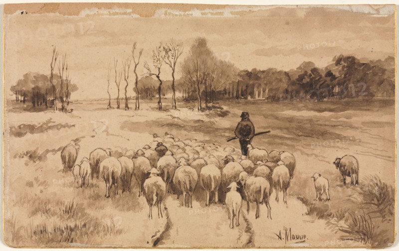 Shepherd with His Flock, c. 1870. Anton Mauve (Dutch, 1838-1888). Pen and brown ink; sheet: 10.2 x 16.5 cm (4 x 6 1/2 in.).