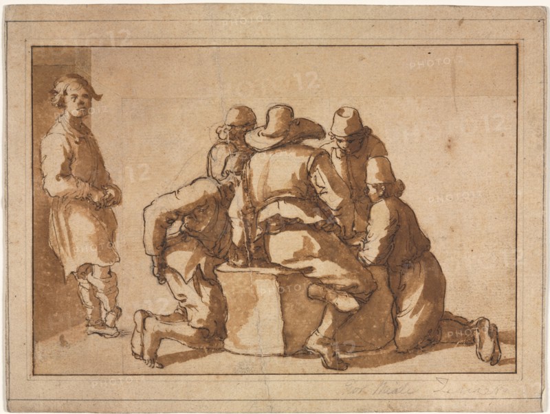 Genre Scene of Young Men Playing a Game. Attributed to Frederico Zuccaro (Italian, 1540/1-1609). Pen and brown ink and brush and brown wash over graphite; sheet: 13.7 x 20.1 cm (5 3/8 x 7 15/16 in.).