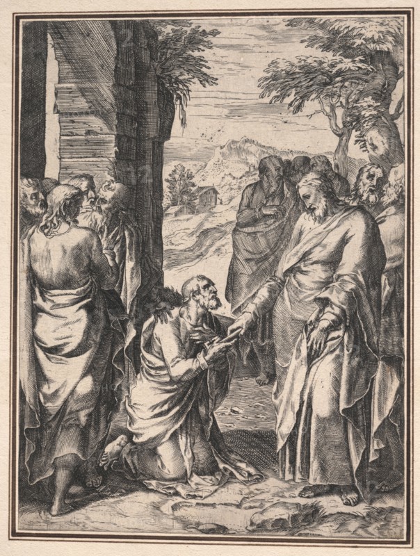 Copy of Cornelis Cort: Christ Giving the Key of the Church to Saint Peter, c. 1567. Anonymous, after Girolamo Muziano (Italian, 1528/32-1592). Etching and engraving; sheet: 27.5 x 20.4 cm (10 13/16 x 8 1/16 in.)
