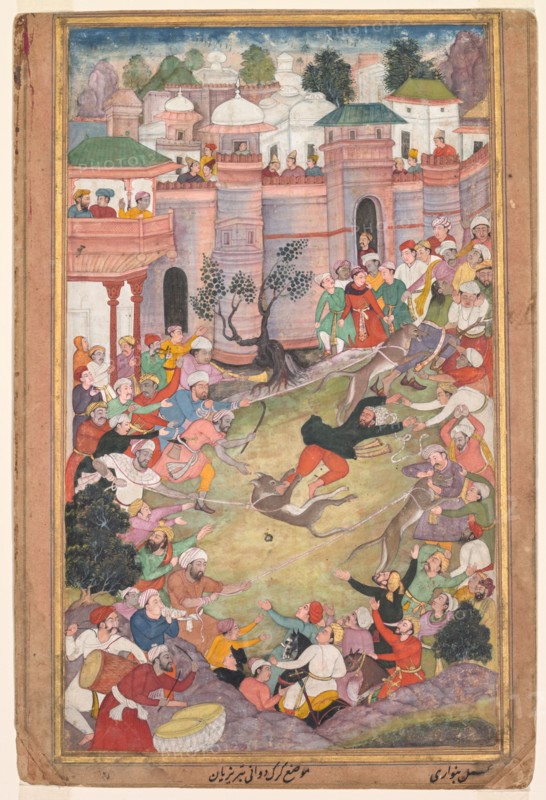 The game of wolf-running in Tabriz, from an Akbar-nama (Book of Akbar), c. 1595-1600. Banwari (Indian, active c. 1558–1600). Opaque watercolor and gold on paper; page: 35.2 x 23.8 cm (13 7/8 x 9 3/8 in.).