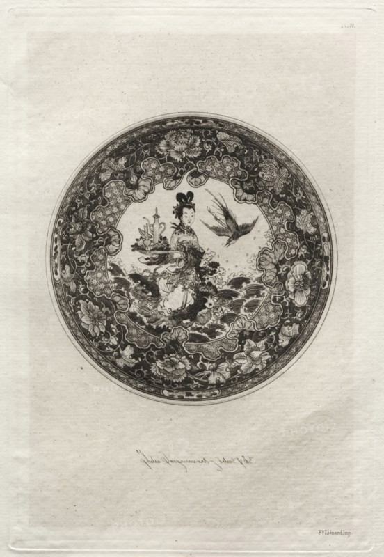 History of the Ceramic Art: Saucer with Rich Enameled Ground and Medallion Representing the Goddess Kounin , c. 1877. Jules Jacquemart (French, 1837-1880), Ampson Low, Marston, Searle & Rivington. Etching; sheet: 28.6 x 20.6 cm (11 1/4 x 8 1/8 in.); platemark: 18.9 x 12.8 cm (7 7/16 x 5 1/16 in.).