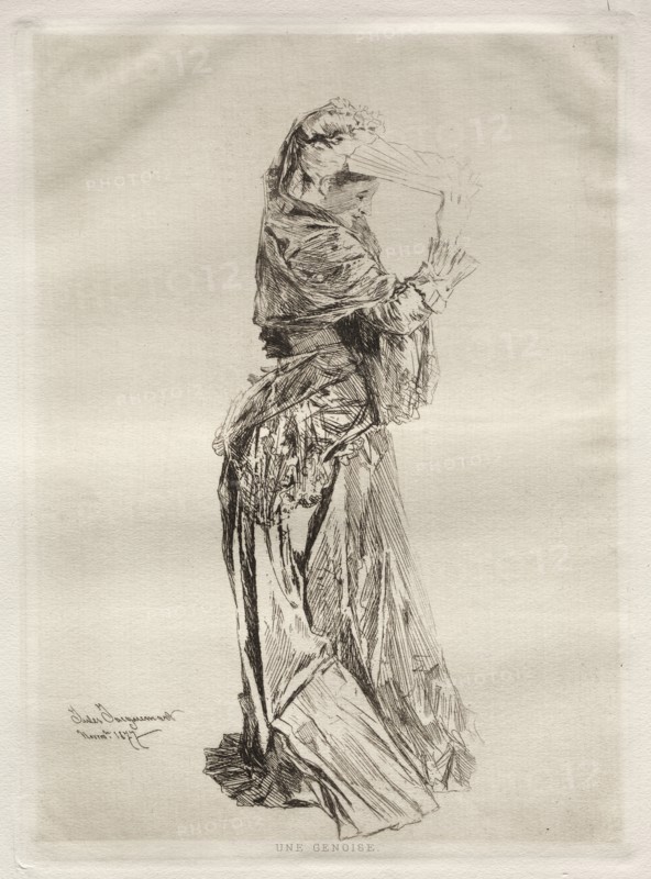 A Genoise, 1877. Jules Jacquemart (French, 1837-1880). Etching; sheet: 42.7 x 31.5 cm (16 13/16 x 12 3/8 in.); platemark: 27 x 19.7 cm (10 5/8 x 7 3/4 in.).