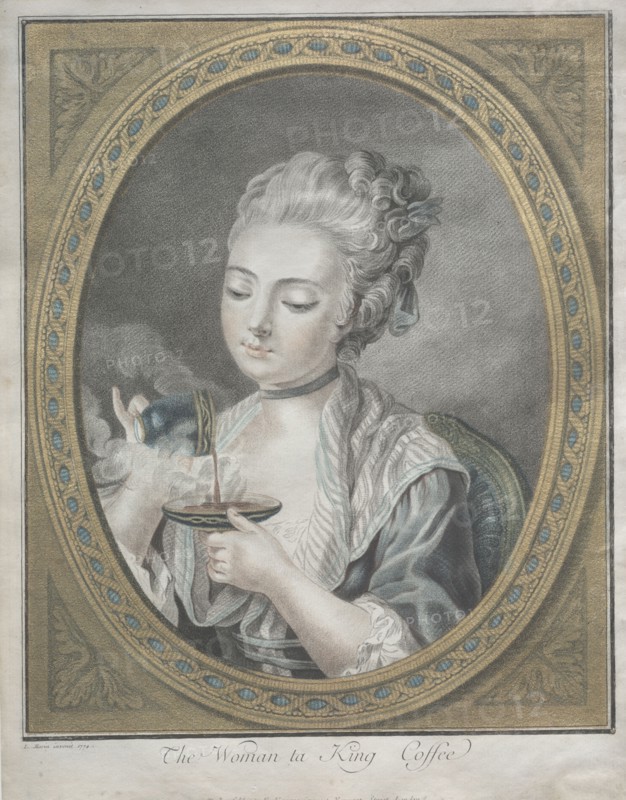 The Woman taking Coffee, 1774. Louis-Marin Bonnet (French, 1736-1793). Color chalk-manner etching and engraving with applied gold-leaf; sheet: 32.2 x 25 cm (12 11/16 x 9 13/16 in.); image: 28.5 x 23.3 cm (11 1/4 x 9 3/16 in.)