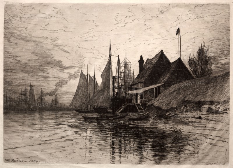 Evening, New York Harbor, 1884. Henry Farrer (American, 1843-1903). Etching; sheet: 35.8 x 49 cm (14 1/8 x 19 5/16 in.); platemark: 24.7 x 34.7 cm (9 3/4 x 13 11/16 in.).