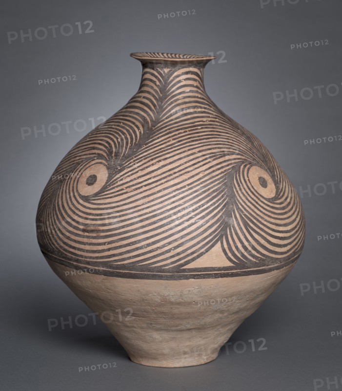 Jar with Spiral Designs, 3300-2650 BC. Northwest China, Neolithic period, Majiayao culture, Majiayao phase (3300-2650 BC). Earthenware with slip-painted decoration; diameter: 39.1 cm (15 3/8 in.); overall: 45.2 cm (17 13/16 in.).