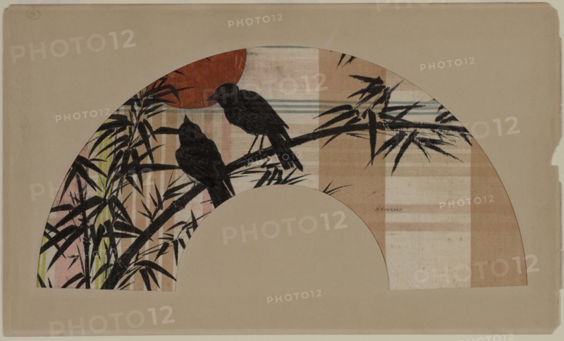 Fan, c. 1890. Henri Charles Guérard (French, 1846-1897). Black ink, watercolor, and tinted metal leaf on patterned fabric ; overall: 19 x 60.3 cm (7 1/2 x 23 3/4 in.).