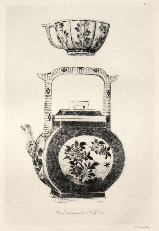 Book by Albert Jacquemart: History of the Ceramic Art: A Descriptive and Philosophical Study of the Pottery of All Ages and All Nations: Japan: Artistic Decoration- Saucer with Rich Enamelled Ground, and Medallion Representing the Goddess Kouanin (Plate IV), 1877. Jules Jacquemart (French, 1837-1880). Etching; sheet: 25.5 x 18 cm (10 1/16 x 7 1/16 in.); platemark: 19.1 x 13 cm (7 1/2 x 5 1/8 in.)