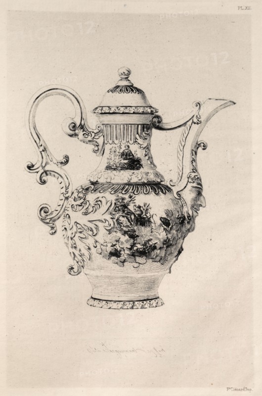 Book by Albert Jacquemart: History of the Ceramic Art: A Descriptive and Philosophical Study of the Pottery of All Ages and All Nations: Saxony: Dresden- Hard Porcelain- Ewer in Relief, with Figures in Violet Cámaïeu (Plate XII), 1877. Jules Jacquemart (French, 1837-1880). Etching; sheet: 25.5 x 18 cm (10 1/16 x 7 1/16 in.); platemark: 19 x 13 cm (7 1/2 x 5 1/8 in.)