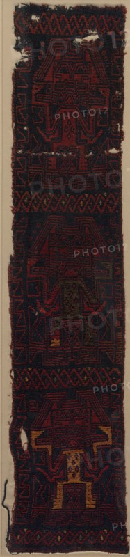 Textile Fragment with Three Frontal Deities and Interlace Pattern, 700 - 400 BC. Peru, South Coast, Paracas (700 BC -AD 1), Yauca Valley?. Camelid fiber; double-cloth with structural embroidery; overall: 101.3 x 22.8 cm (39 7/8 x 9 in.)
