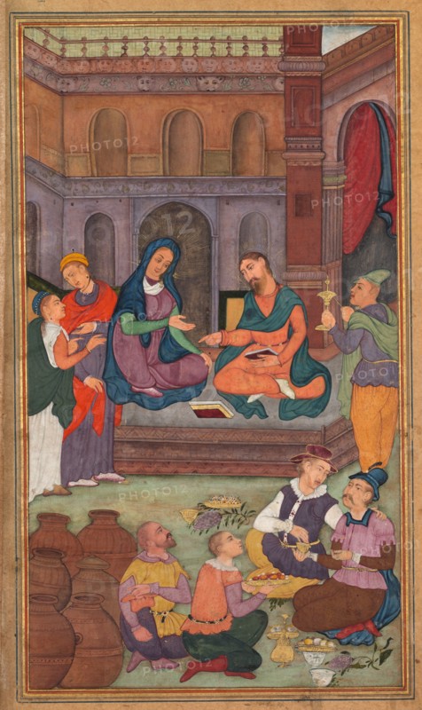 The Marriage at Cana, from a Mirror of Holiness (Mir’at al-quds) of Father Jerome Xavier, 1602-1604. Northern India, Uttar Pradesh, Allahabad, Mughal period. Opaque watercolor, ink, color and gold on paper; sheet: 26.3 x 15.7 cm (10 3/8 x 6 3/16 in.); image: 19.5 x 11.3 cm (7 11/16 x 4 7/16 in.).