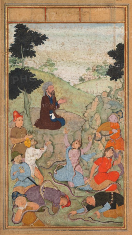Moses praying to end the serpents’ attack on the Israelites, from a Mir’at al-quds (Mirror of Holiness) of Father Jerome Xavier (Spanish, 1549–1617), 1602-1604. Northern India, Uttar Pradesh, Allahabad, Mughal period. Opaque watercolor, ink, color and gold on paper