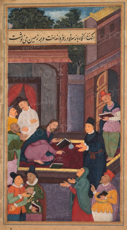 Jesus writes on the ground, from a Mirror of Holiness (Mir’at al-quds) of Father Jerome Xavier, 1602-1604. Northern India, Uttar Pradesh, Allahabad, Mughal period. Opaque watercolor, ink, color and gold on paper; sheet: 26.3 x 15.5 cm (10 3/8 x 6 1/8 in.); image: 21 x 11.4 cm (8 1/4 x 4 1/2 in.).