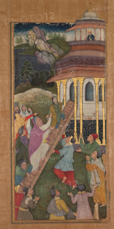 Mary ascends the stairs to the temple, from a Mir’at al-quds (Mirror of Holiness) of Father Jerome Xavier (Spanish, 1549–1617), 1602-1604. Northern India, Uttar Pradesh, Allahabad, Mughal period. Opaque watercolor, ink, color and gold on paper; page: 26.2 x 15.5 cm (10 5/16 x 6 1/8 in.).