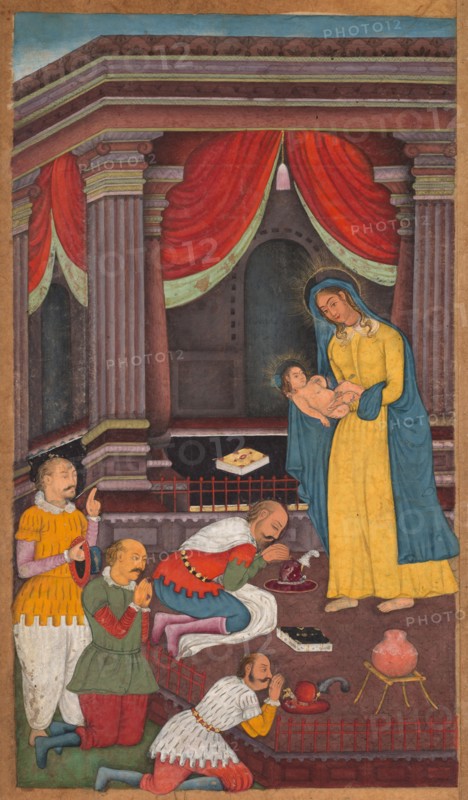 The Adoration of the Shepherds, from a Mirror of Holiness (Mir’at al-quds) of Father Jerome Xavier, 1602-1604. Northern India, Uttar Pradesh, Allahabad, Mughal period. Opaque watercolor, ink, and gold on paper; sheet: 26.2 x 15.6 cm (10 5/16 x 6 1/8 in.); image: 20 x 11.2 cm (7 7/8 x 4 7/16 in.).