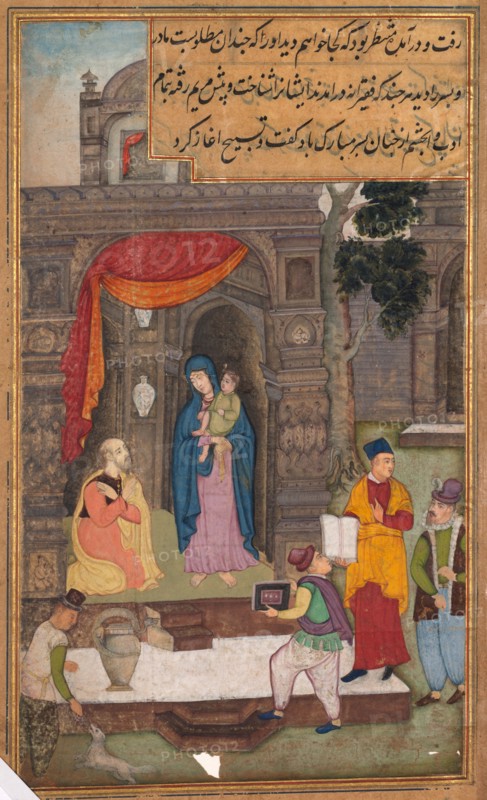 Simeon Kneels in Front of Mary and Jesus After Recognizing Them, from a Mirror of Holiness (Mir’at al-quds) of Father Jerome Xavier, 1602-1604. Northern India, Uttar Pradesh, Allahabad, Mughal period. Opaque watercolor, ink, and gold on paper; sheet: 26.2 x 15.7 cm (10 5/16 x 6 3/16 in.); image: 21.4 x 12.6 cm (8 7/16 x 4 15/16 in.).