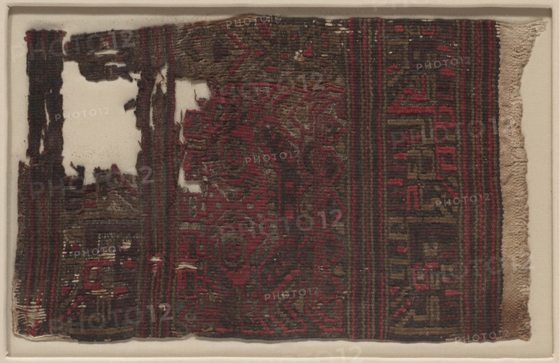 Panel from the End of a Sash, 700 BC-1. Peru, South Coast, Paracas (700 BC - AD 1), Carhua or Chucho?. Cotton; camelid fiber; tapestry and plain-weave; overall: 26 x 16.3 cm (10 1/4 x 6 7/16 in.).