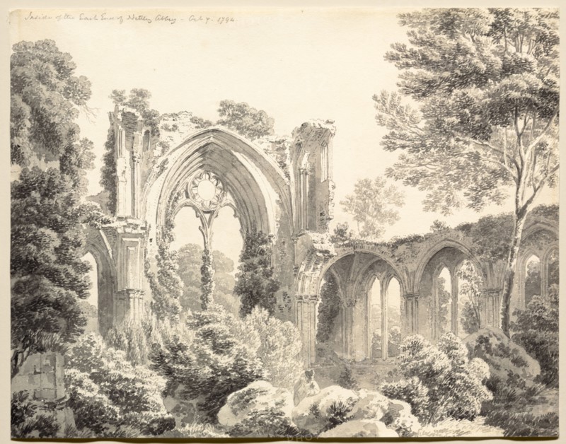 Inside the East End of Nettley Abbey, 1794. Michel Angelo Rooker (British, 1746-1801). Gray wash with extensive point of brush with traces of graphite; squared with graphite; overall: 23.5 x 30.2 cm (9 1/4 x 11 7/8 in.).