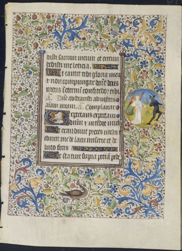 Leaf from a Book of Hours: Angel Chasing a Devil (recto), c. 1460. Circle of Coëtivy Master (French). Ink, tempera and gold on vellum; leaf: 19.7 x 14.3 cm (7 3/4 x 5 5/8 in.)