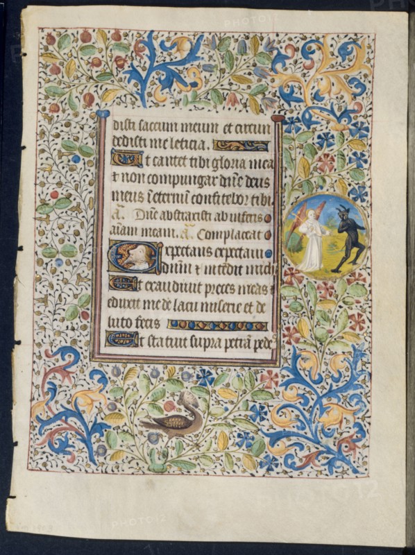 Leaf from a Book of Hours: Angel Chasing a Devil (recto) and Two Devils (verso), c. 1460. Circle of Coëtivy Master (French). Ink, tempera and gold on vellum; leaf: 19.7 x 14.3 cm (7 3/4 x 5 5/8 in.)