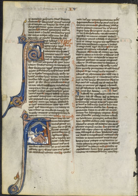 Leaf from a Latin Bible: Initial A and Initial A: Judith Beheading Holofernes, c. 1230-1240. Circle or workshop of Leber Group (French). Ink and tempera on vellum; each leaf: 14.8 x 10.4 cm (5 13/16 x 4 1/8 in.)