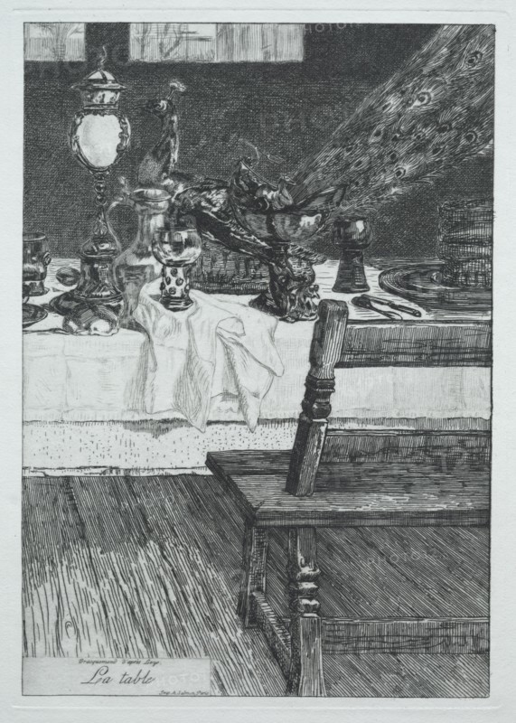 The Table, after H. Leys, 1868. Félix Bracquemond (French, 1833-1914). Etching; sheet: 36.1 x 27.4 cm (14 3/16 x 10 13/16 in.); platemark: 26 x 18.5 cm (10 1/4 x 7 5/16 in.)