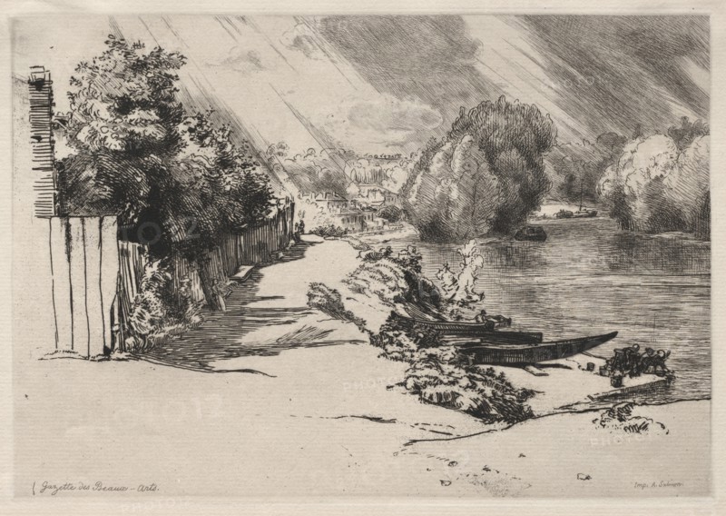 Gazette des Beaux-Arts: The Seine at Bas-Meudon with the Seguin and Mottiaux Islands, 1868. Félix Bracquemond (French, 1833-1914). Etching; sheet: 18.4 x 27.6 cm (7 1/4 x 10 7/8 in.); platemark: 16 x 23 cm (6 5/16 x 9 1/16 in.)