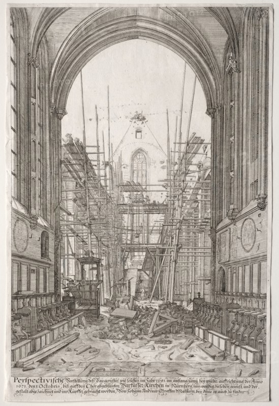 L'Art Ancien Zurich: View in the Church of the Franciscans, Barfüsser-Kirke, 1681. Johan Ulrich Krauss (German, 1655-1719), after Johann Andreas Graf (German, 1637-1701). Etching; sheet: 48.5 x 32.3 cm (19 1/8 x 12 11/16 in.)
