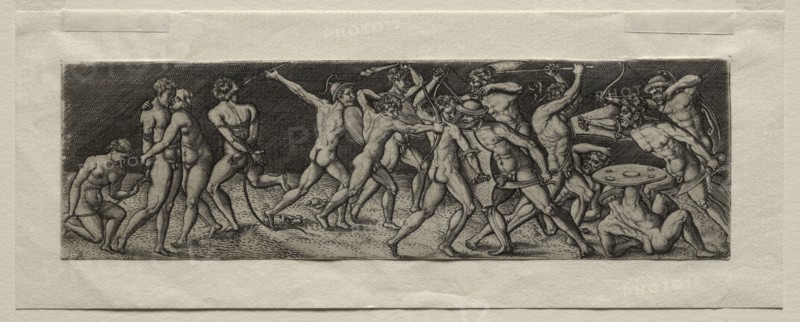 Fight between Eleven Warriors. Allaert Claesz (Netherlandish, fl. 1508-1534), after Antonio del Pollaiuolo (Italian, 1431/32-1498). Engraving; sheet: 4.6 x 15.8 cm (1 13/16 x 6 1/4 in.).