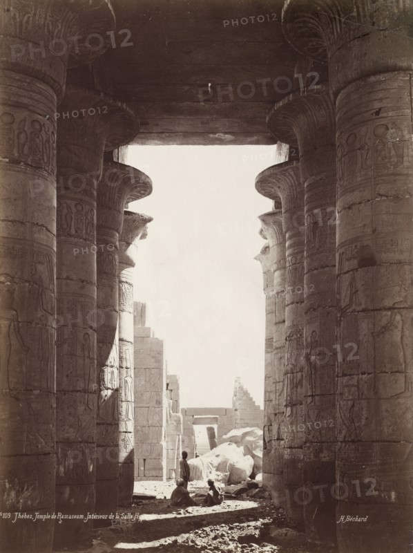 Thebes, Temple of the Ramesseum, Interior of the Hypostyle Hall, 1870s. Henri Béchard (French). Albumen print from wet collodion negative; image: 36 x 26.9 cm (14 3/16 x 10 9/16 in.); paper: 36 x 26.9 cm (14 3/16 x 10 9/16 in.); matted: 61 x 50.8 cm (24 x 20 in.)