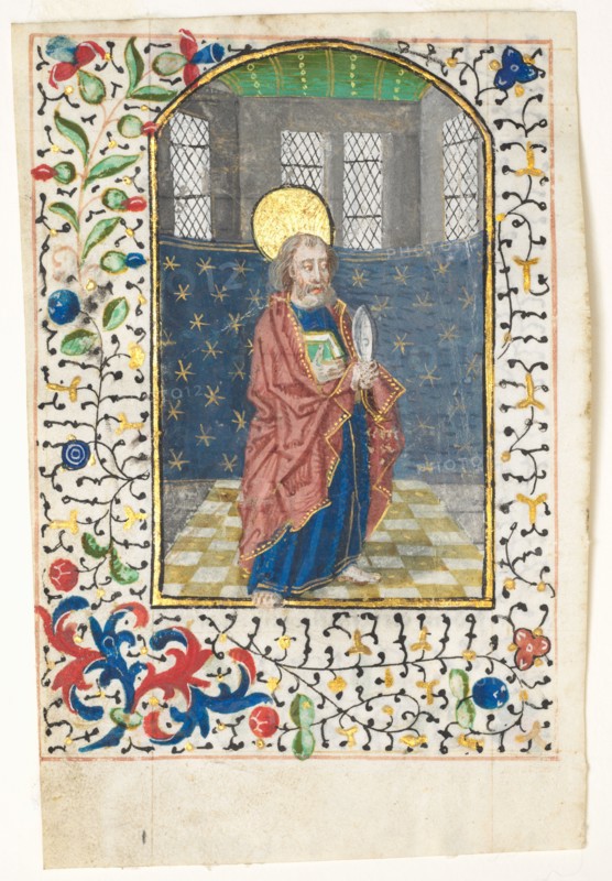 Leaf from a Book of Hours: St. Bartholomew, c. 1440-1460. Flanders, Bruges (?), 15th century. Ink, tempera and gold on vellum; each leaf: 12.5 x 8.5 cm (4 15/16 x 3 3/8 in.)