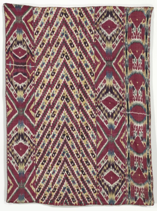 Silk Ikat Wall Hanging (#333), third quarter of the 1800s. Uzbekistan, Bukhara, third quarter of the 19th century. Warp ikat, warp-faced plain weave; silk warp; cotton weft; 5 panels./ lining: printed cotton, plain weave; 2 panels; overall: 192.4 x 144.2 cm (75 3/4 x 56 3/4 in.)