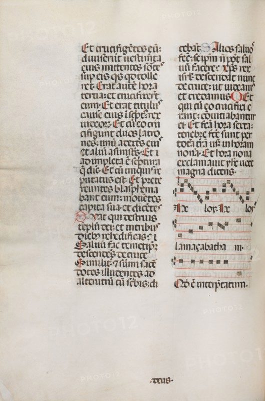 Missale: Fol. 128v: contains music for "Hely Hely Lama etc." within St. Mattion Passion, 1469. Bartolommeo Caporali (Italian, c. 1420-1503), assisted by Giapeco Caporali (Italian, d. 1478). Ink; overall: 35 x 25 cm (13 3/4 x 9 13/16 in.)