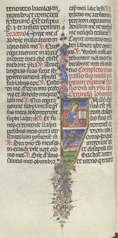 Missale: Fol. 141v: Saint John with Eagle, 1469. Bartolommeo Caporali (Italian, c. 1420-1503), assisted by Giapeco Caporali (Italian, d. 1478). Ink, tempera and burnished gold on vellum ; overall: 35 x 25 cm (13 3/4 x 9 13/16 in.)