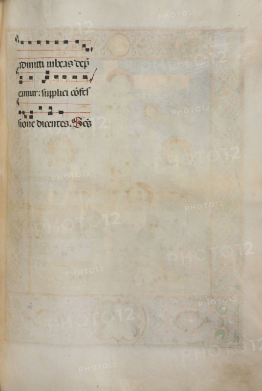 Missale: Fol. 185: Cross, Foliage & Music for Various Ordinary Prayers, 1469. Bartolommeo Caporali (Italian, c. 1420-1503), assisted by Giapeco Caporali (Italian, d. 1478). Ink, tempera and burnished gold on vellum ; overall: 35 x 25 cm (13 3/4 x 9 13/16 in.)