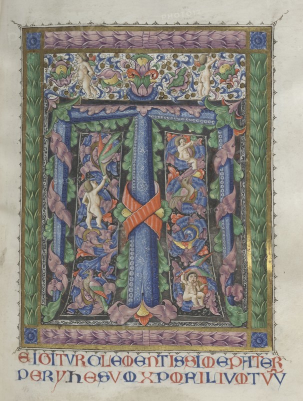 Missale: Fol. 186: Decorated Initial T[e igitur]  (full page), 1469. Bartolommeo Caporali (Italian, c. 1420-1503), assisted by Giapeco Caporali (Italian, d. 1478). Ink, tempera and burnished gold on vellum ; overall: 35 x 25 cm (13 3/4 x 9 13/16 in.).